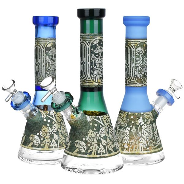 mushroom melange etched glass beaker water pipe | 9" | 14mm f | colors vary