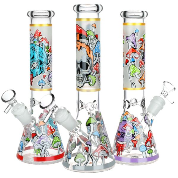 monsters and shrooms glow glass beaker water pipe | 10" | 14mm f | designs vary