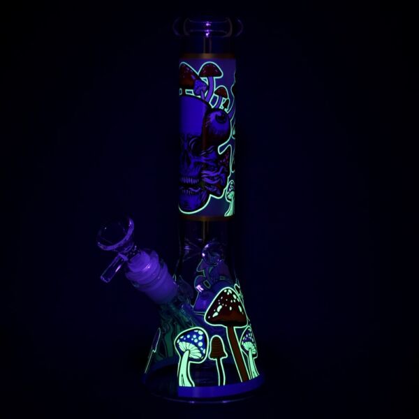 monsters and shrooms glow glass beaker water pipe | 10" | 14mm f | designs vary